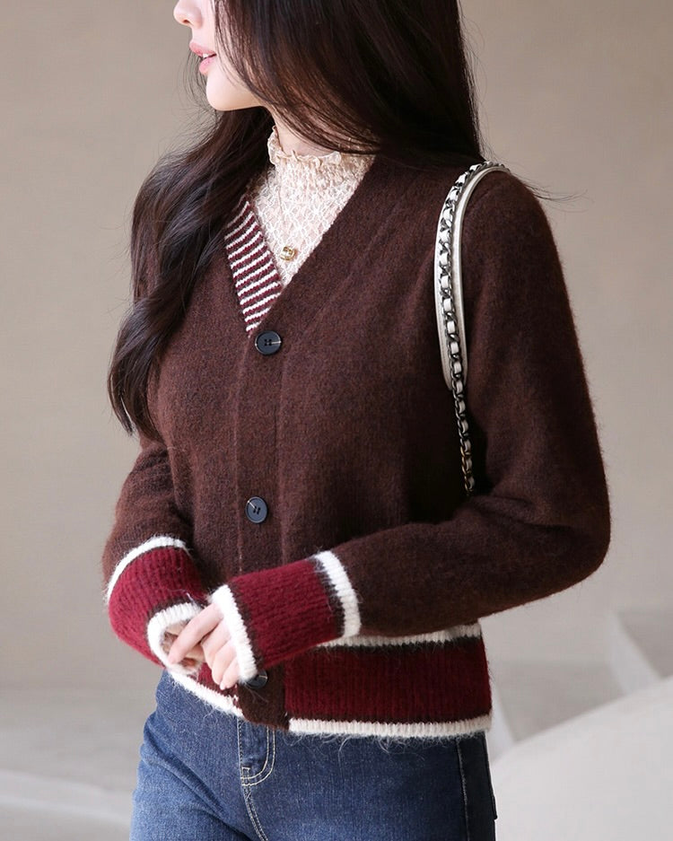 NK275 羊毛混紡拼色針織外套