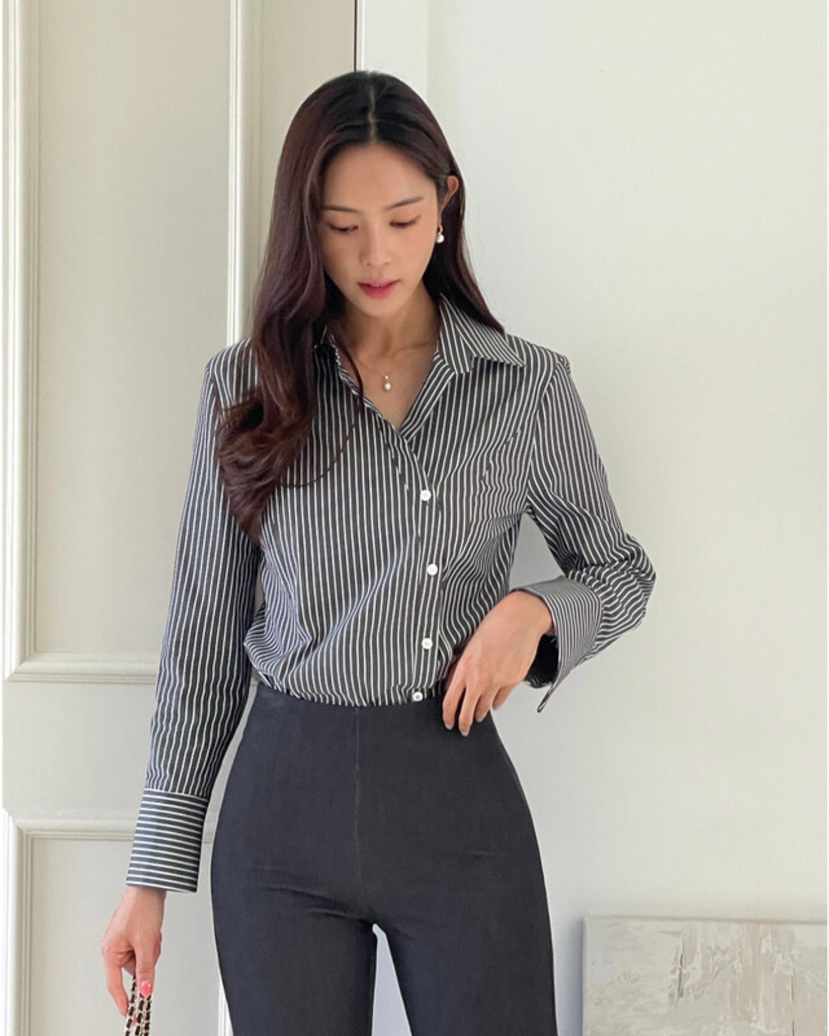 NH672 側鈕修身條子恤衫上衣