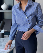 NH672 側鈕修身條子恤衫上衣