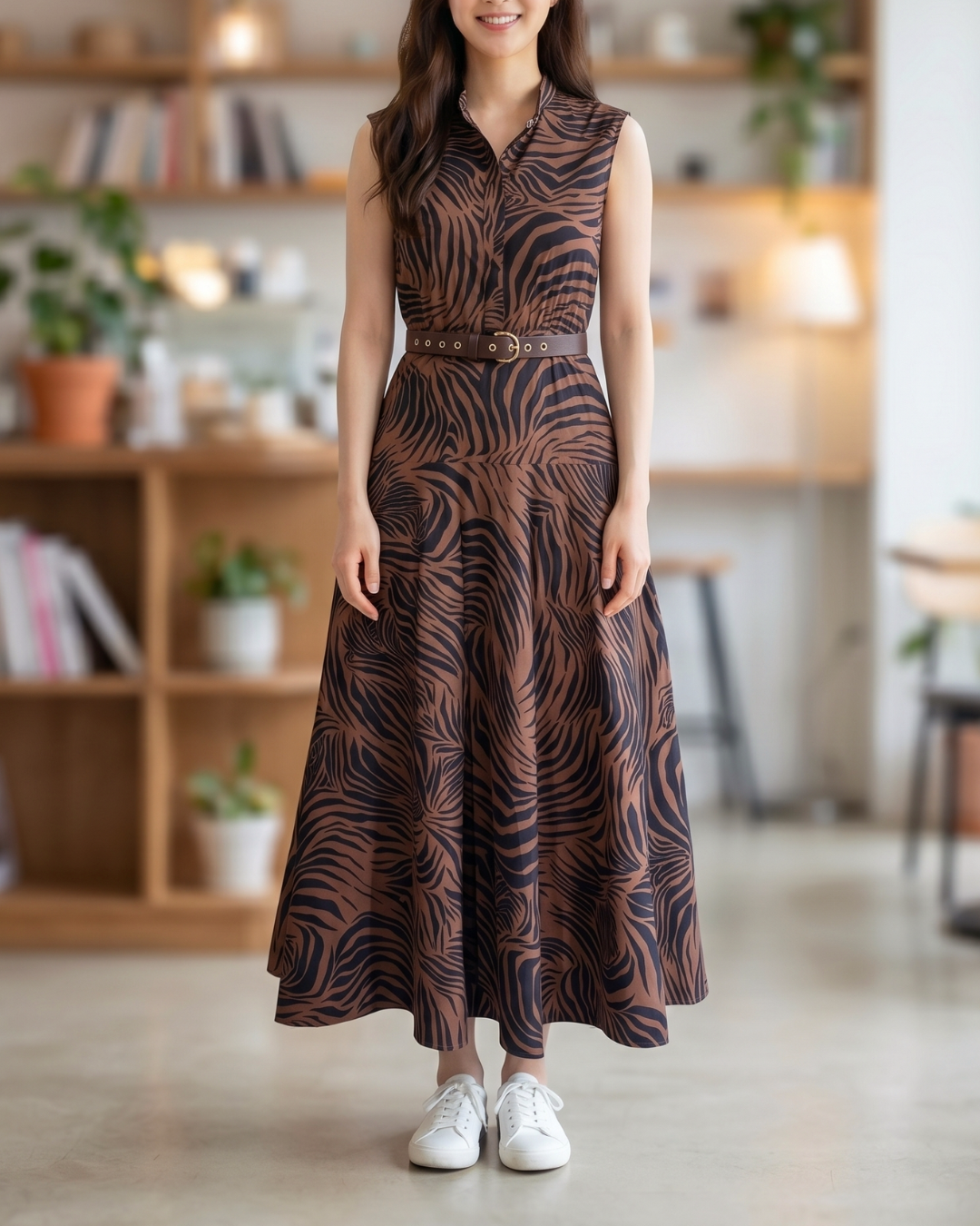 NK496 斑馬紋背心連身裙(連腰帶)
