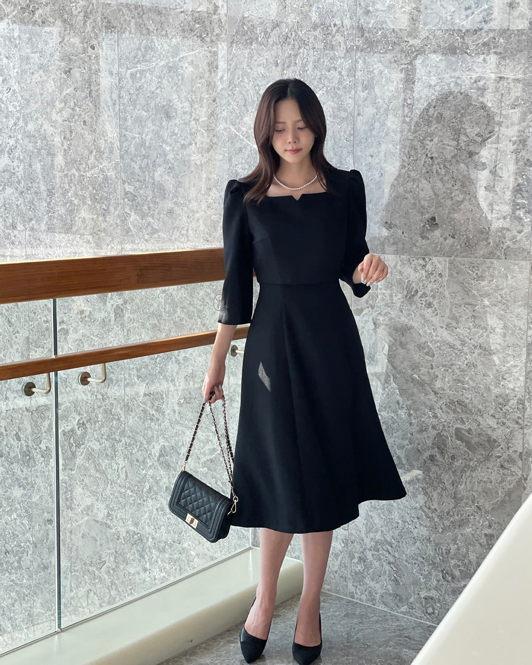 NK234L 方領中袖中長連身裙