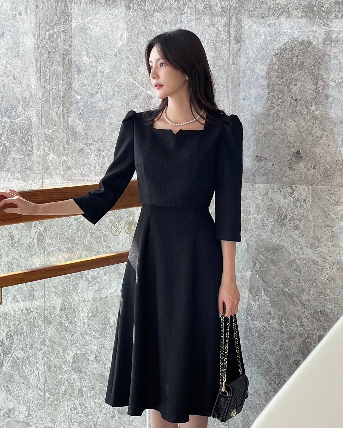 NK234L 方領中袖中長連身裙