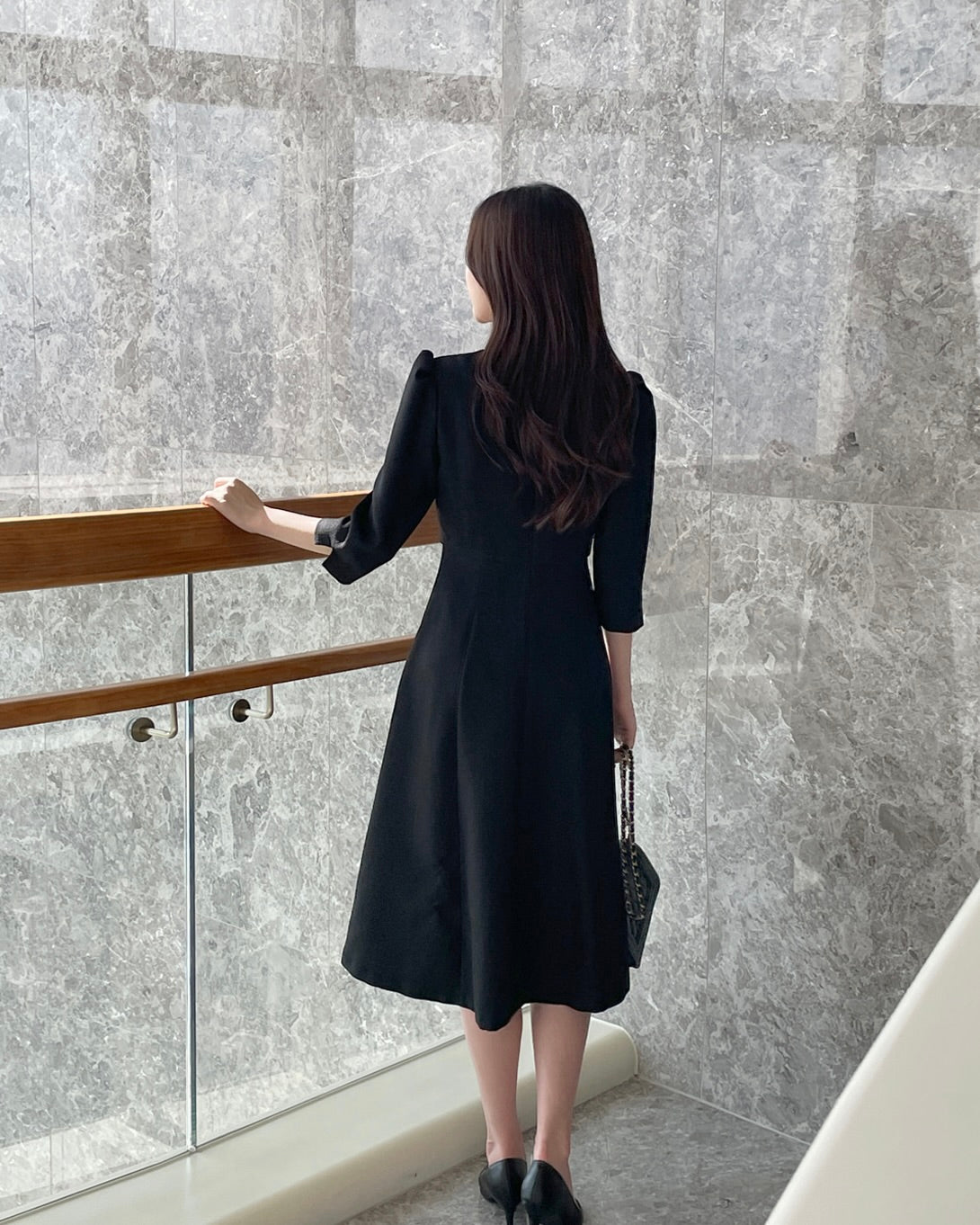 NK234L 方領中袖中長連身裙