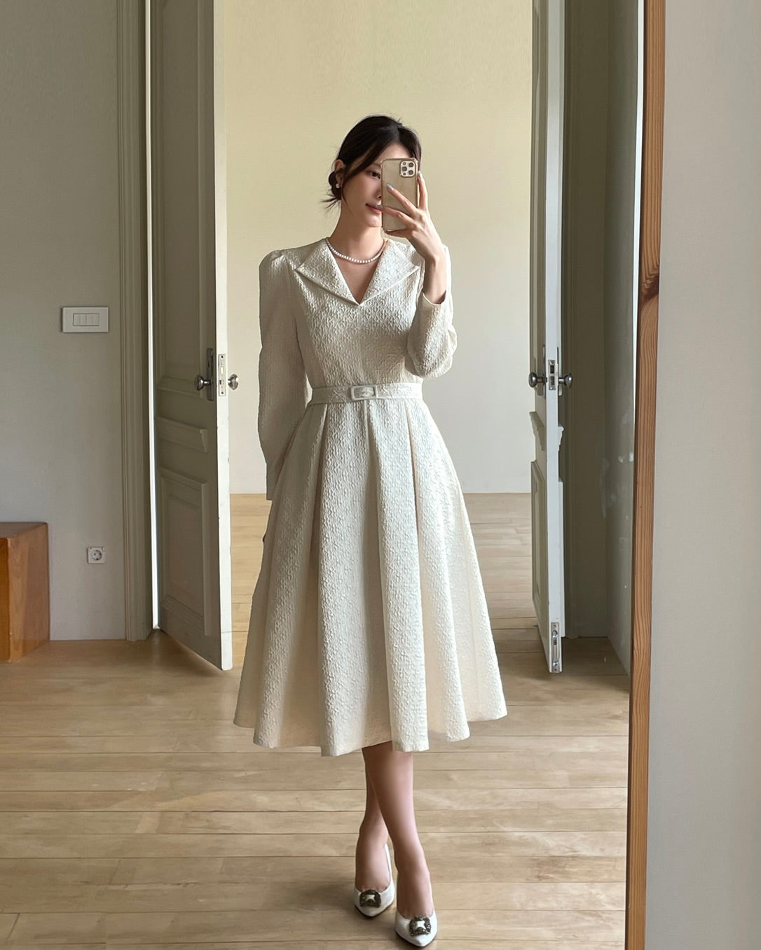 NK236 泡泡袖提花長連身裙