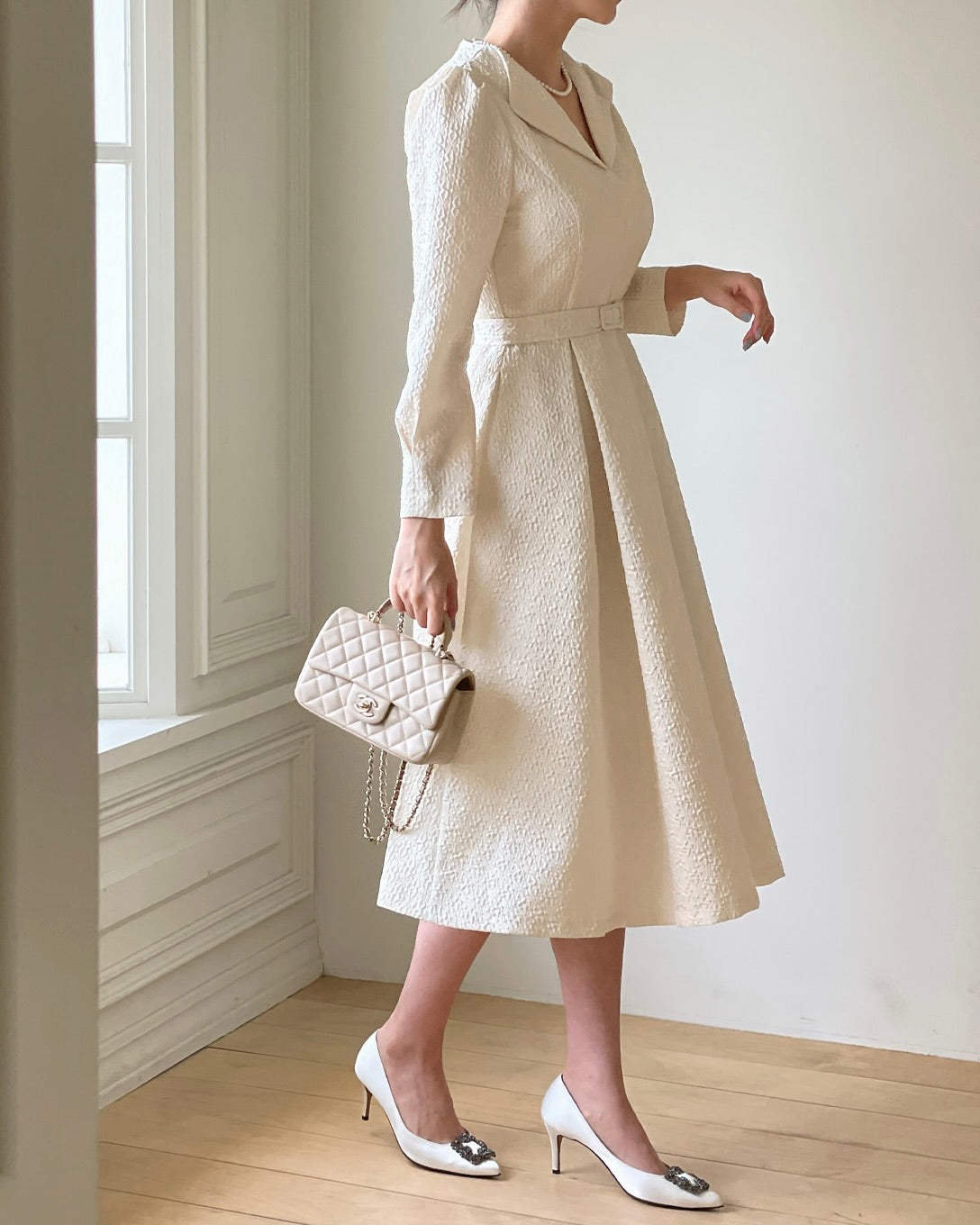 NK236 泡泡袖提花長連身裙