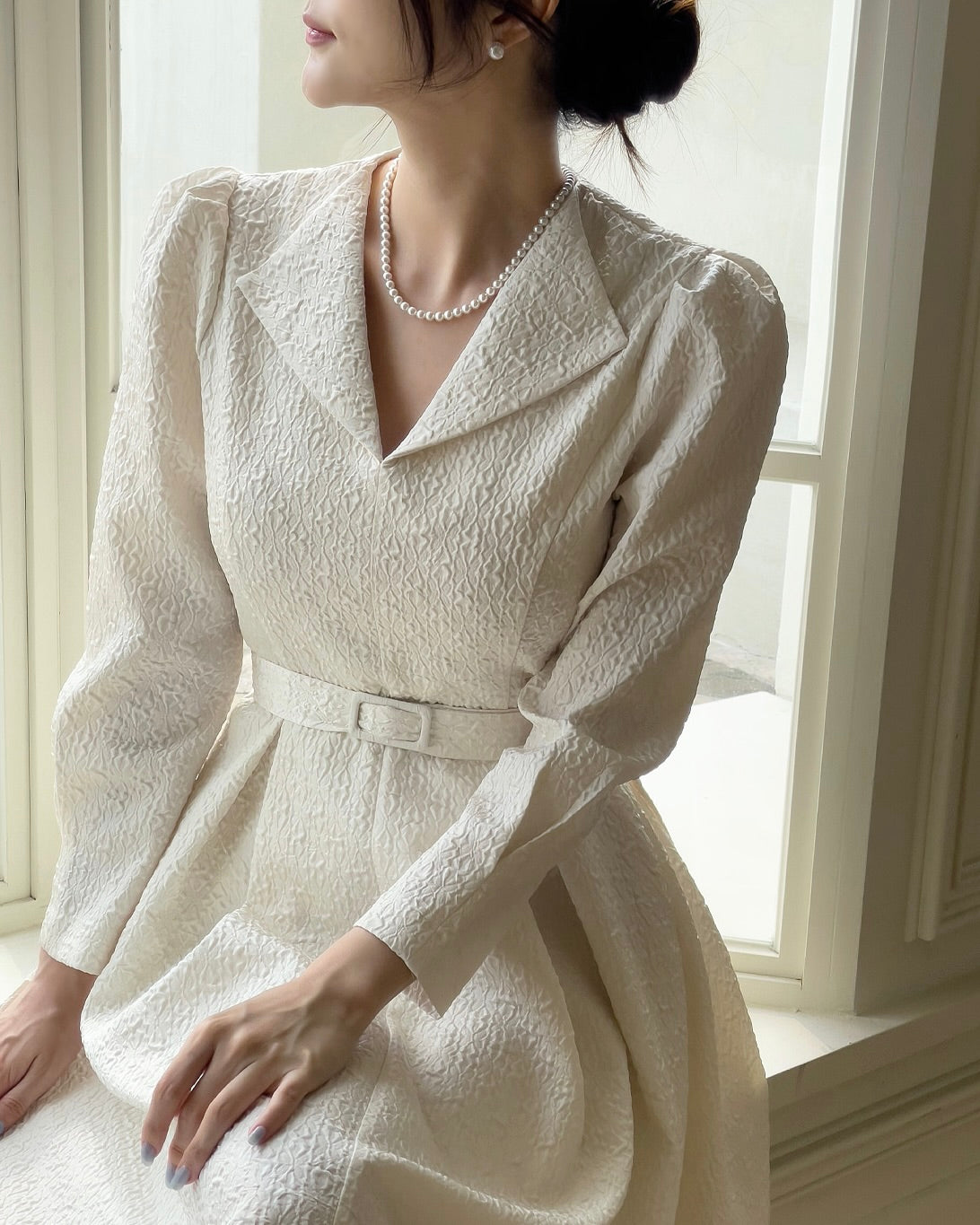 NK236 泡泡袖提花長連身裙