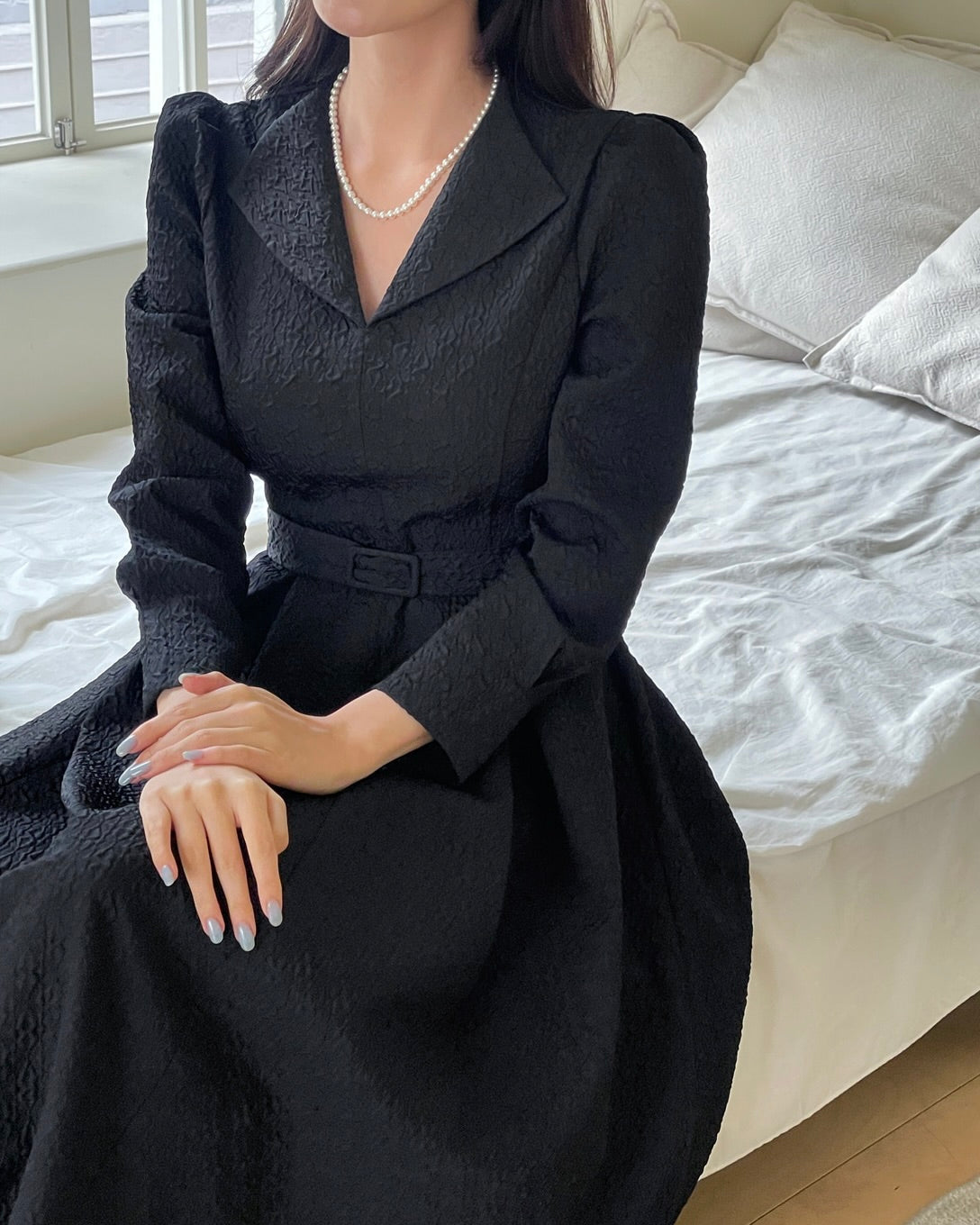 NK236 泡泡袖提花長連身裙