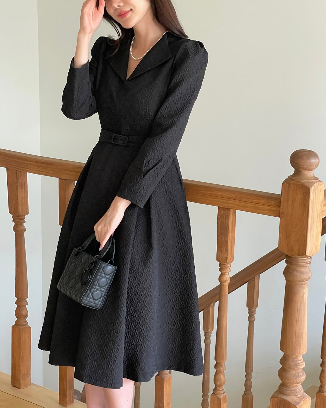 NK236 泡泡袖提花長連身裙