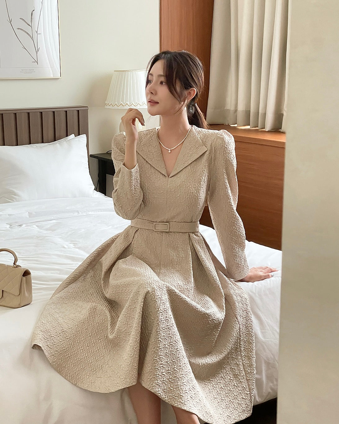 NK236 泡泡袖提花長連身裙