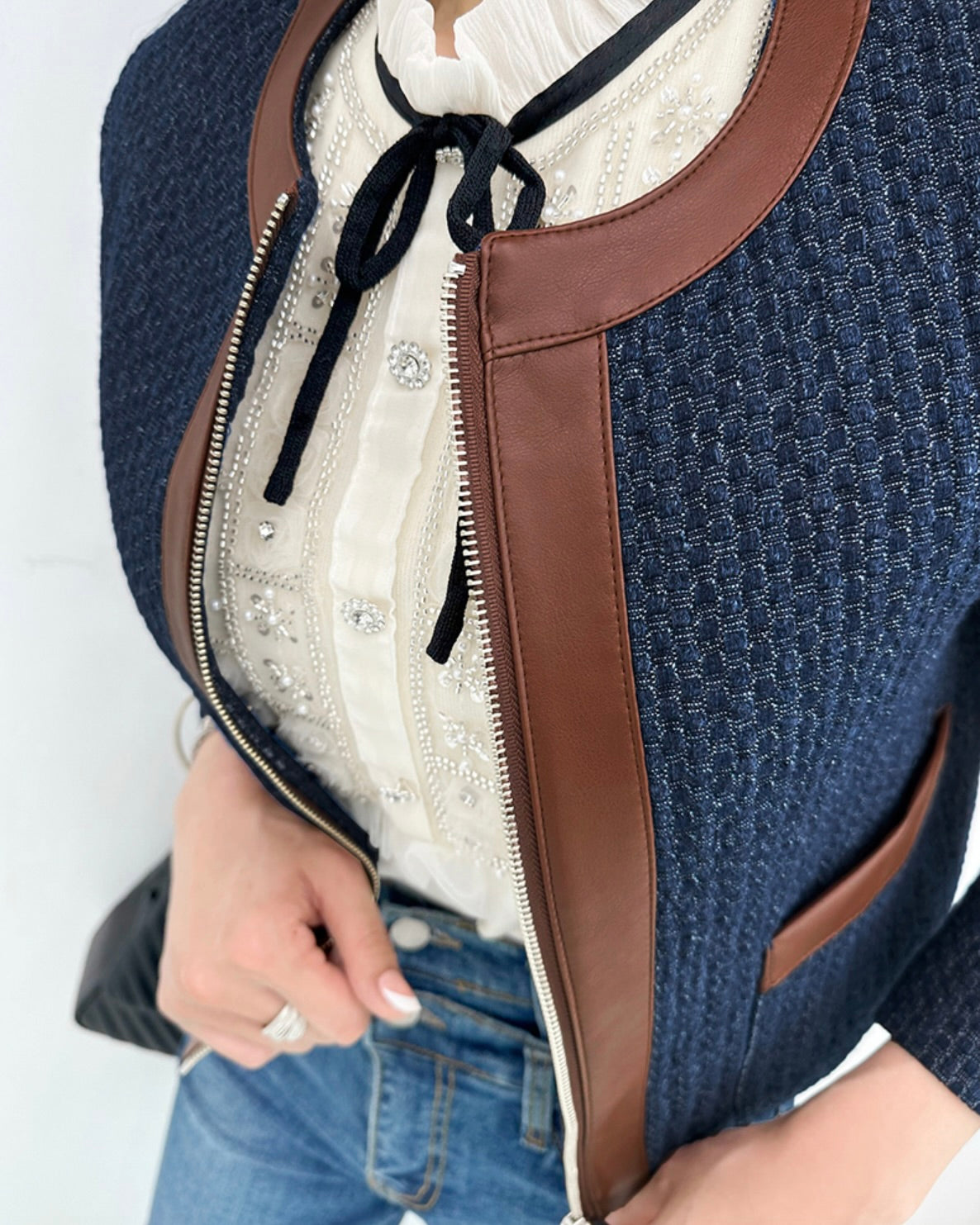 NK292 針織拼皮革正肩夾克