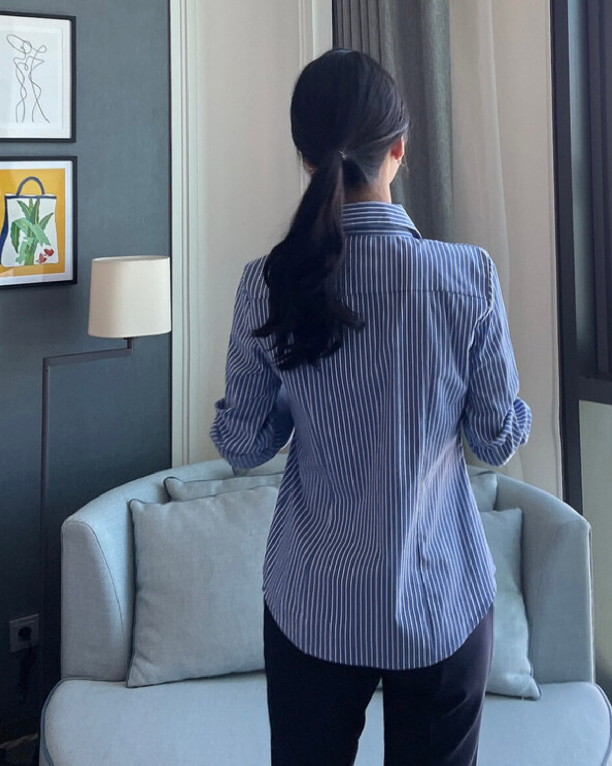 NH672 側鈕修身條子恤衫上衣