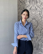 NH672 側鈕修身條子恤衫上衣