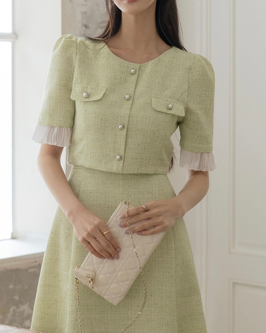 NK161 百摺衣袖小香風修身連身裙