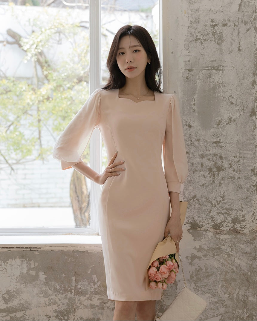 NH994A 雙層雪紡衣袖修身連身裙