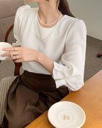 NK293 珍珠褶疊中袖上衣