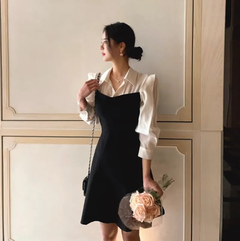 NH095 fake two piece patchwork dress