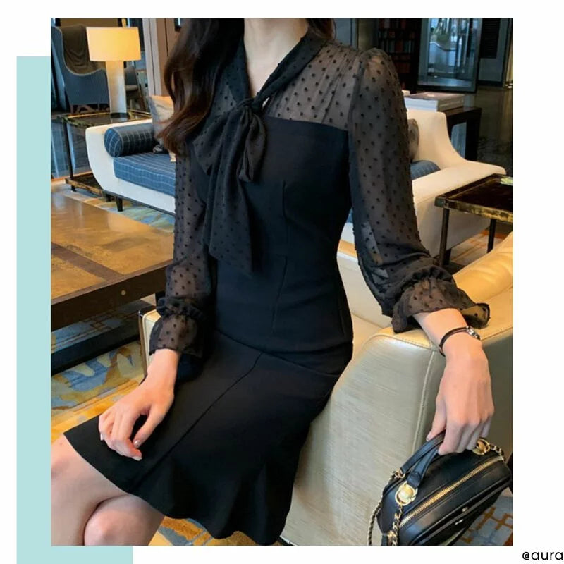 ND893 Polka-dot chiffon scarf fishtail dress