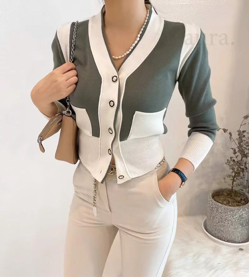 NH374 color block vintage button v-neck knitted jacket