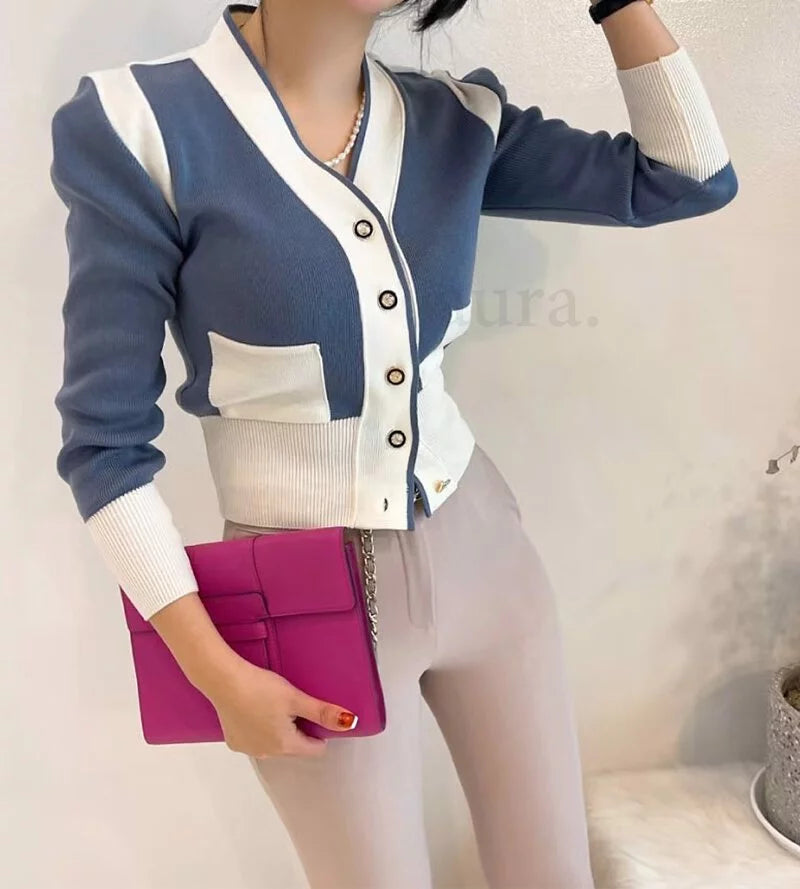 NH374 color block vintage button v-neck knitted jacket