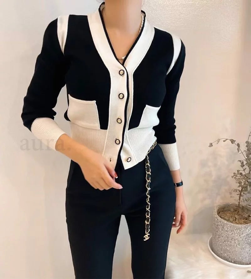 NH374 color block vintage button v-neck knitted jacket