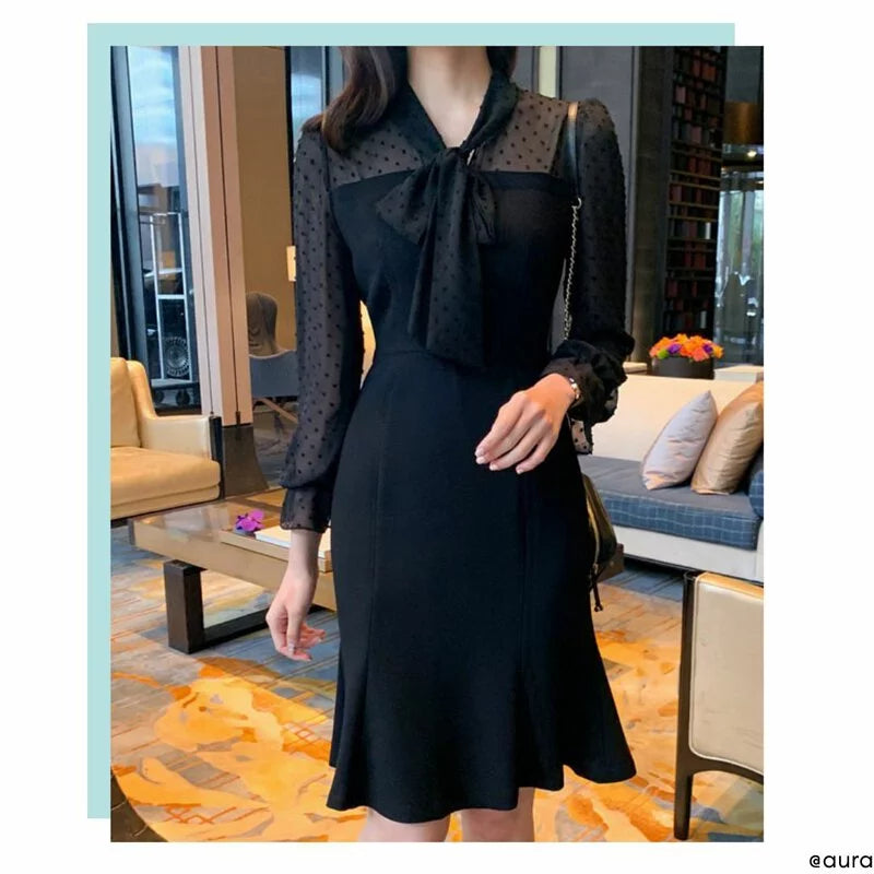 ND893 Polka-dot chiffon scarf fishtail dress