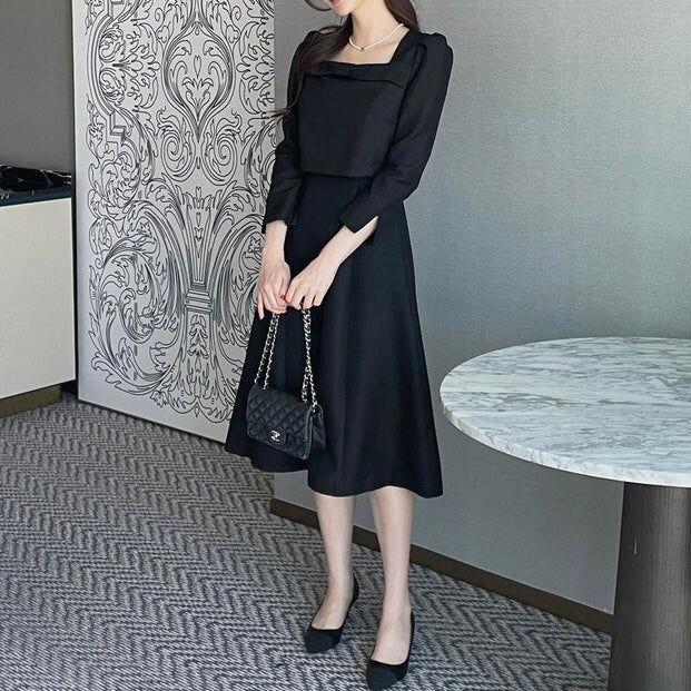 NH971 蝴蝶結假兩件連身裙