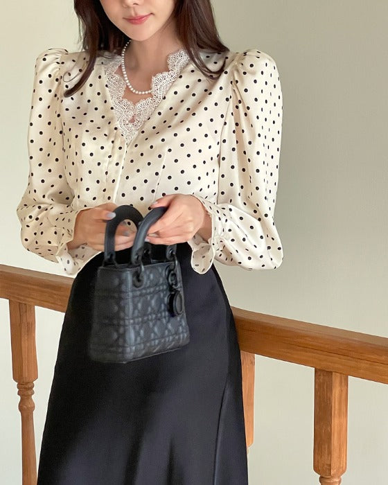 NK256 蕾絲領圓點襯衫