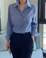 NH672 側鈕修身條子恤衫上衣
