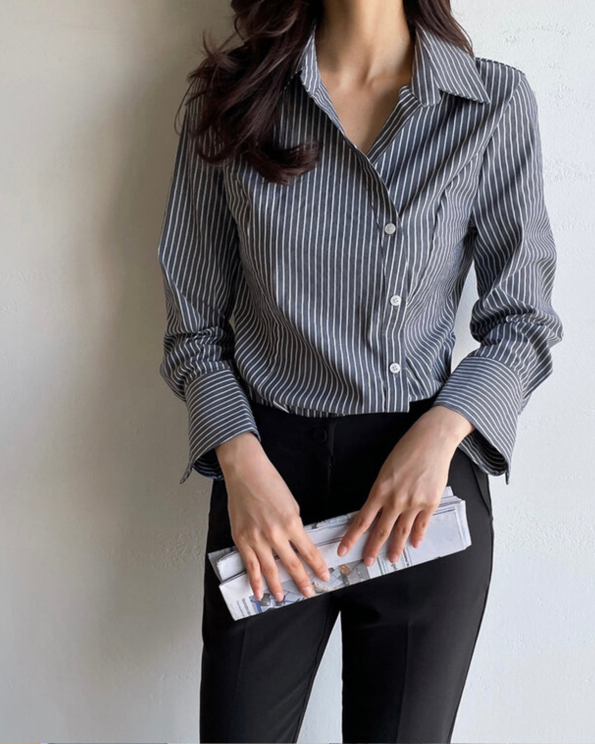 NH672 側鈕修身條子恤衫上衣