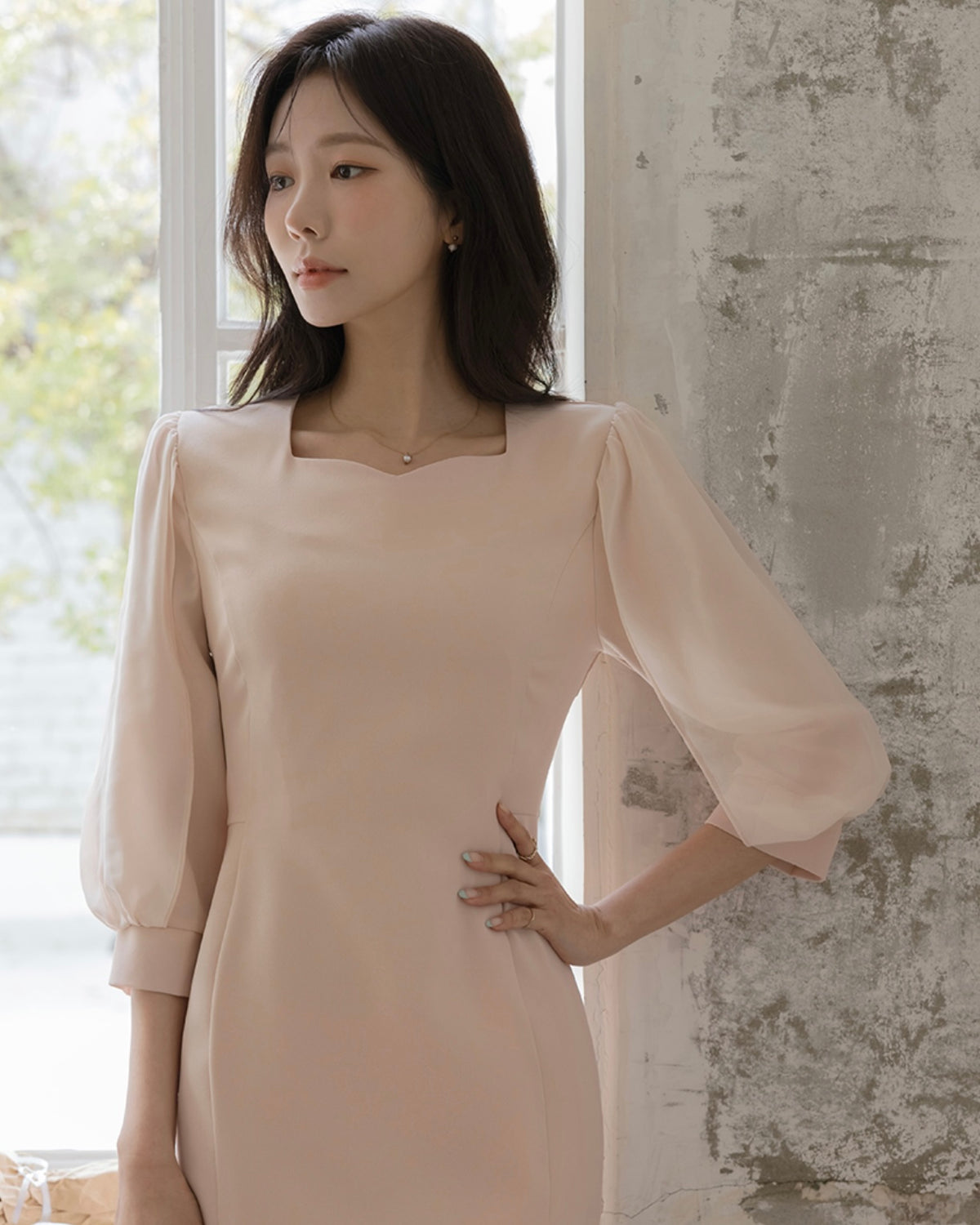 NH994A 雙層雪紡衣袖修身連身裙