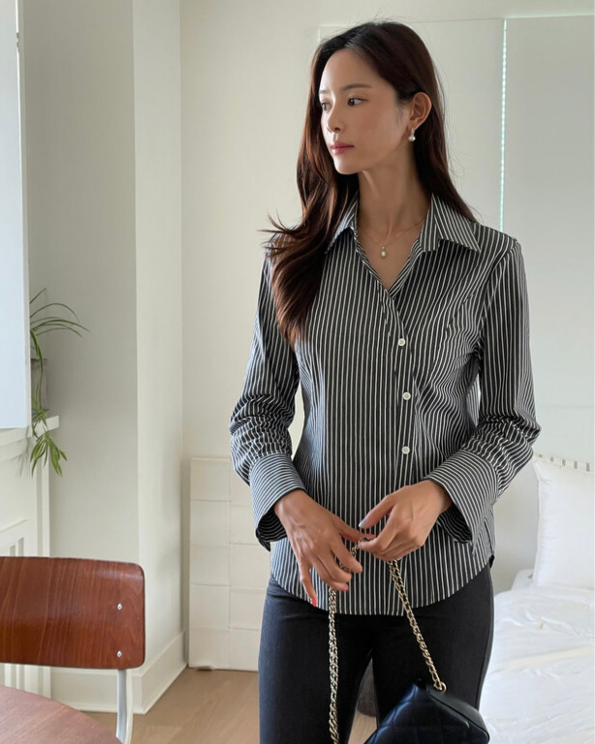 NH672 側鈕修身條子恤衫上衣