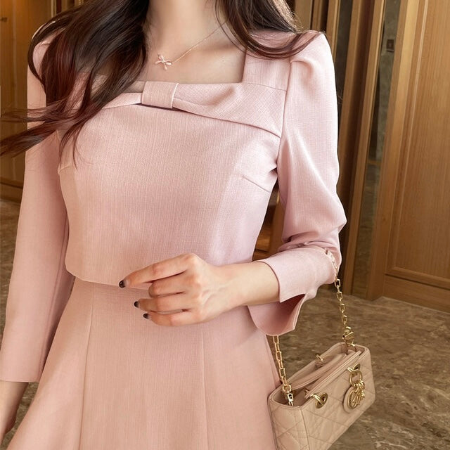 NH971 蝴蝶結假兩件連身裙