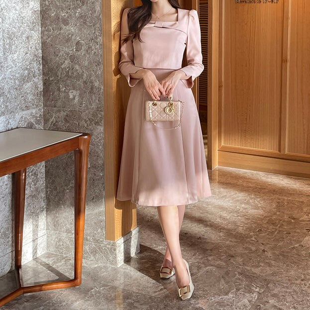 NH971 蝴蝶結假兩件連身裙