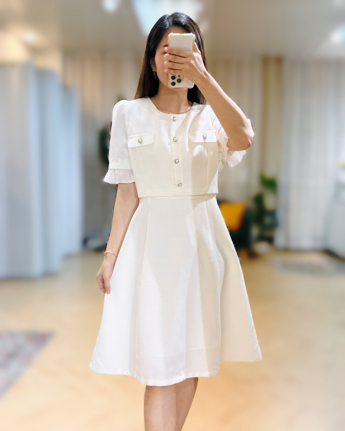 NK161 百摺衣袖小香風修身連身裙