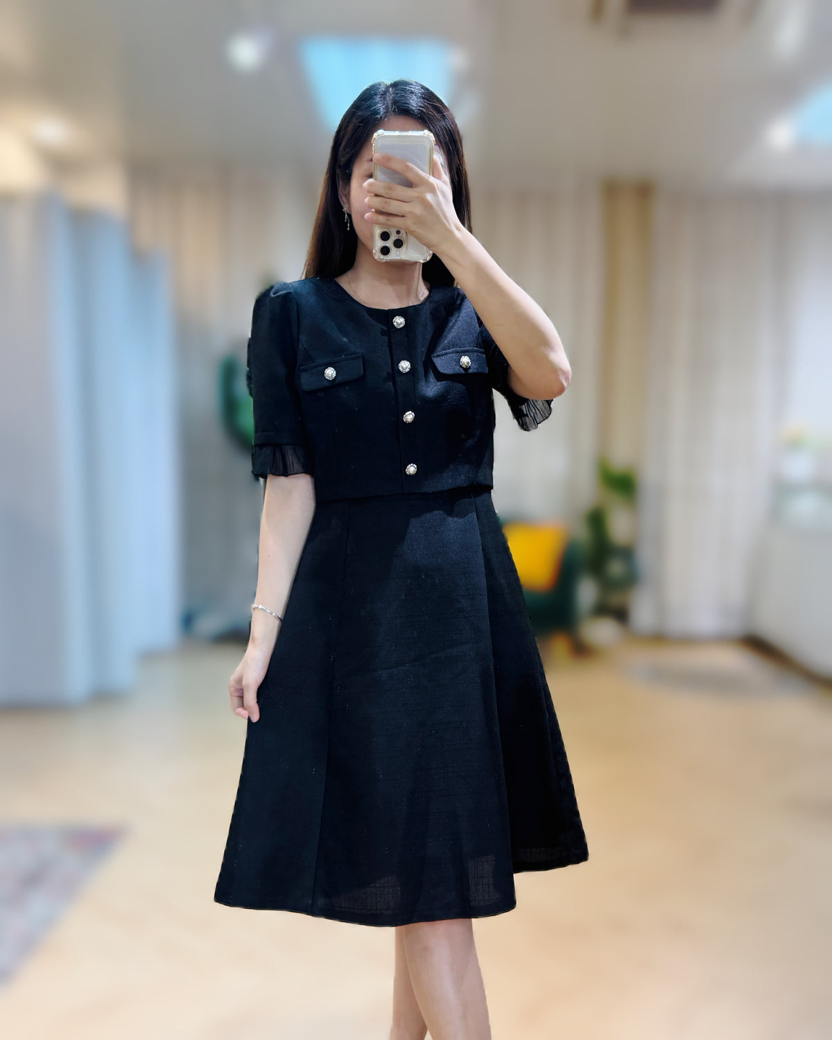 NK161 百摺衣袖小香風修身連身裙