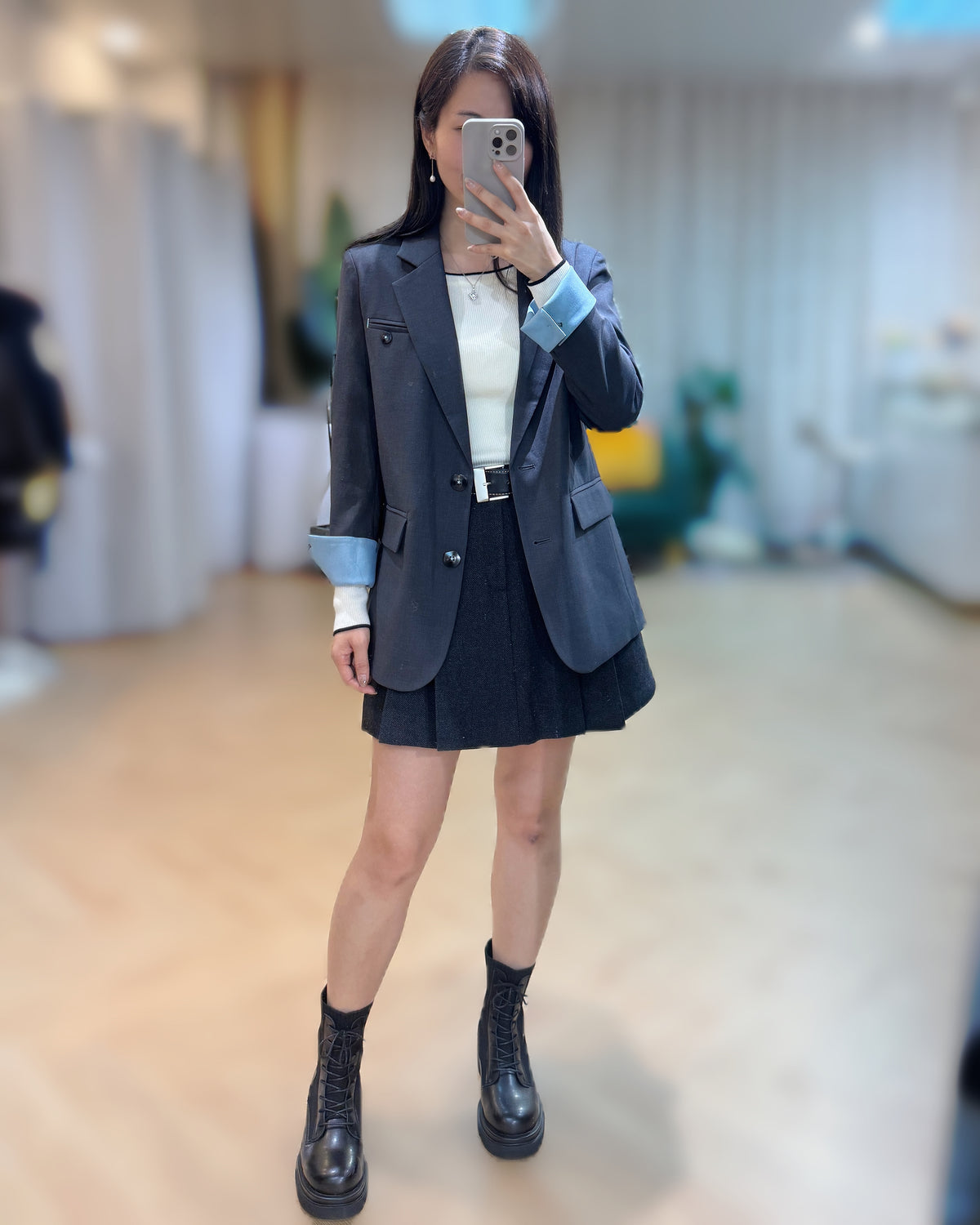 NK312 反袖拼色西裝中褸