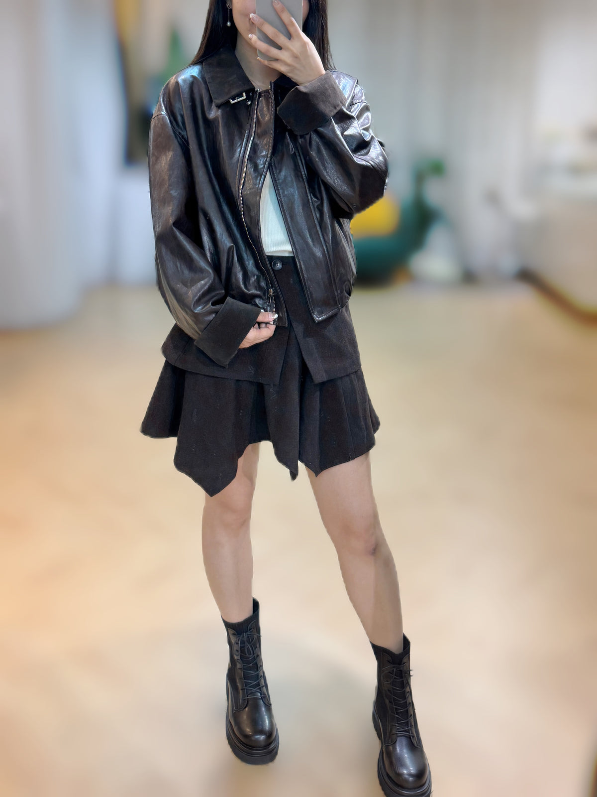 NK306 拼料美式復古仿皮褸