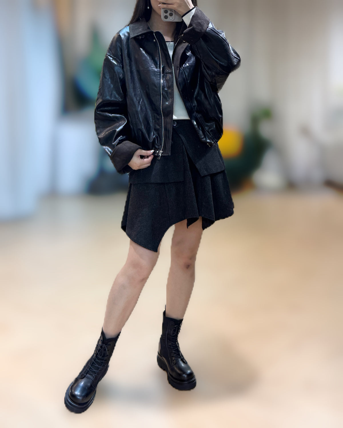 NK306 拼料美式復古仿皮褸