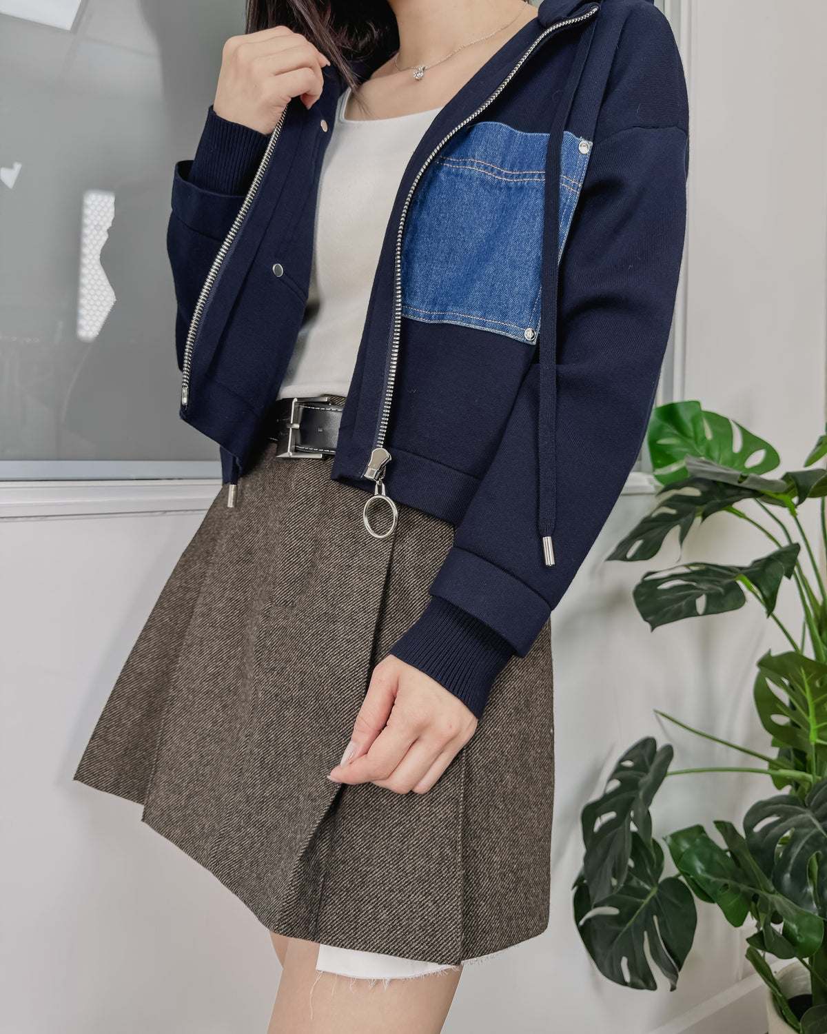 NK347 牛仔拼布連帽外套