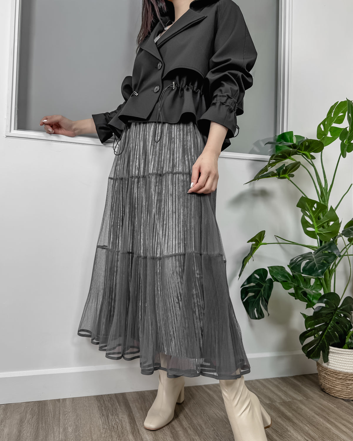 NK372 網紗拼接絲絨百褶裙