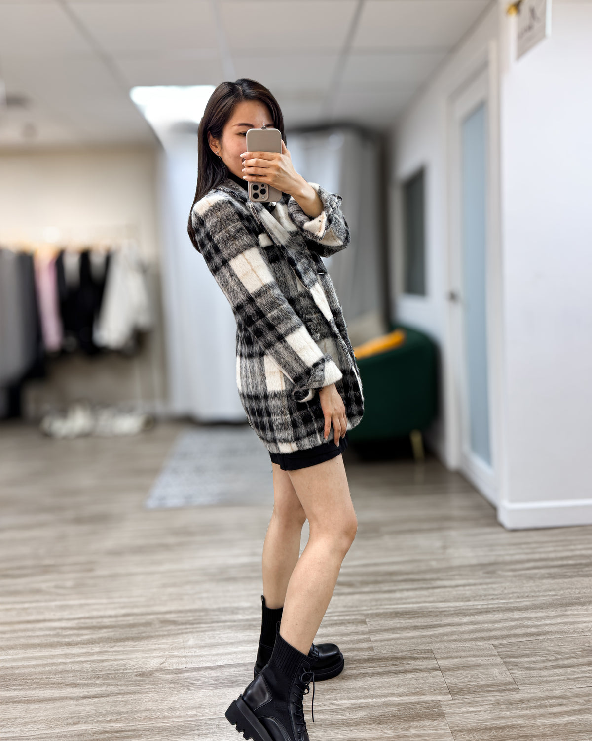 NK427 格紋短毛大衣