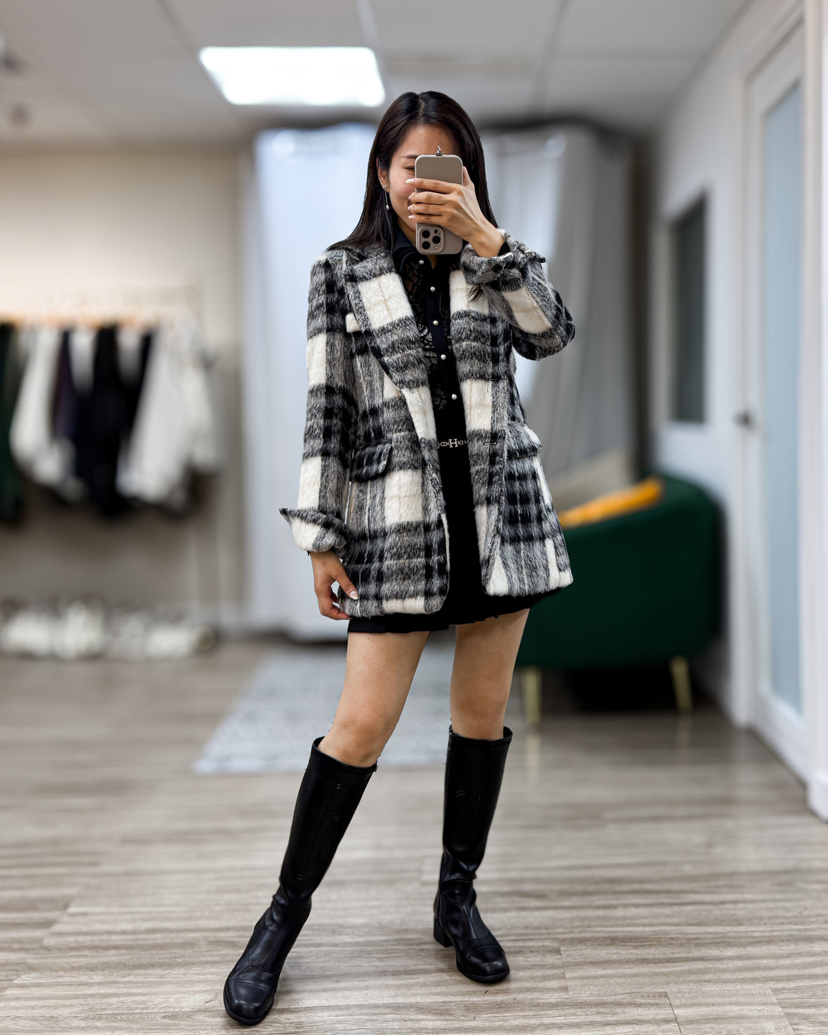 NK427 格紋短毛大衣