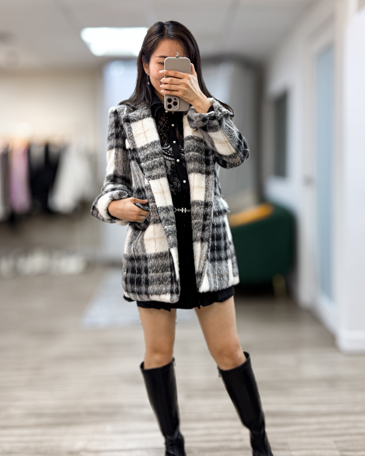 NK427 格紋短毛大衣