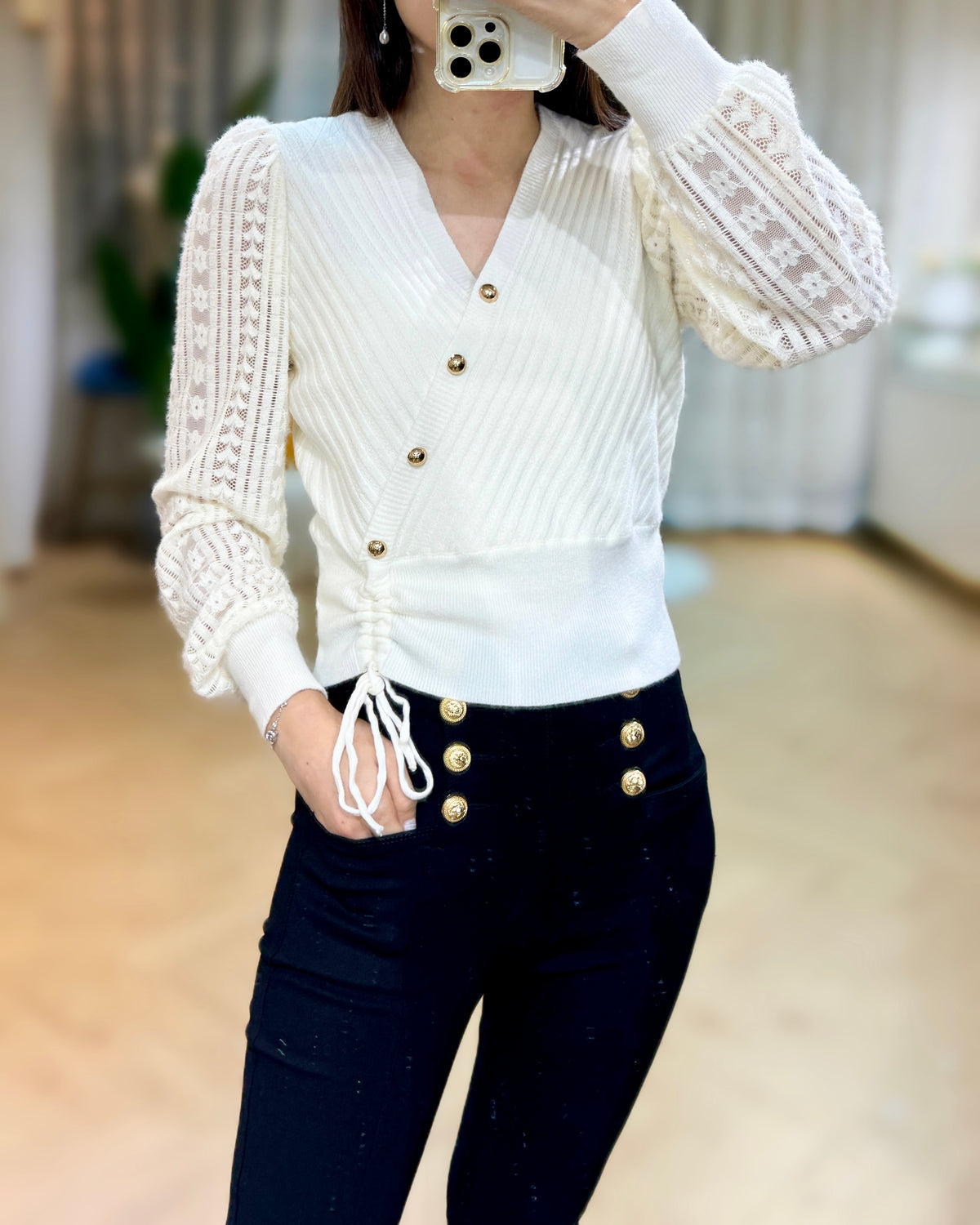 NH727 V領Lace袖修腰上衣