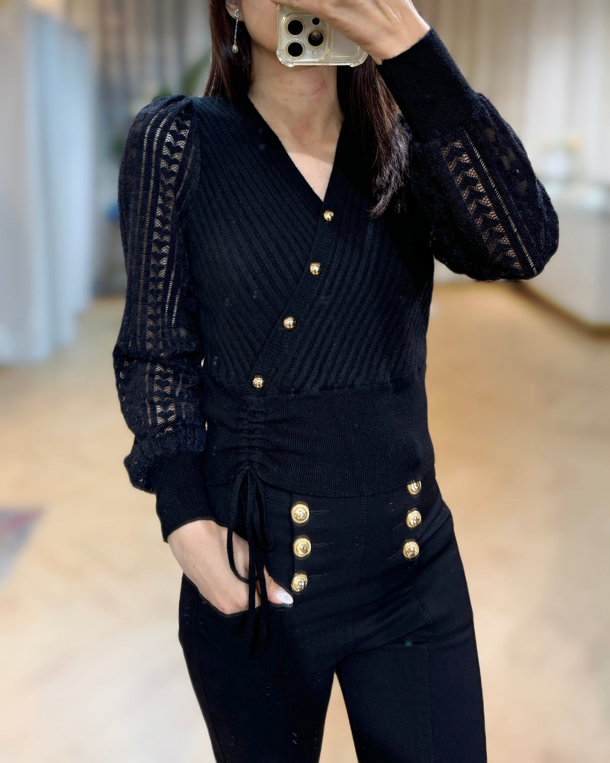 NH727 V領Lace袖修腰上衣