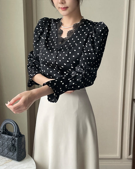 NK256 蕾絲領圓點襯衫