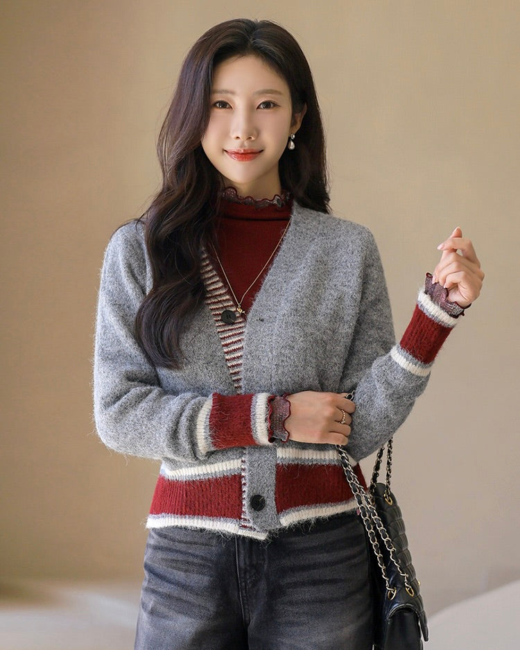 NK275 羊毛混紡拼色針織外套