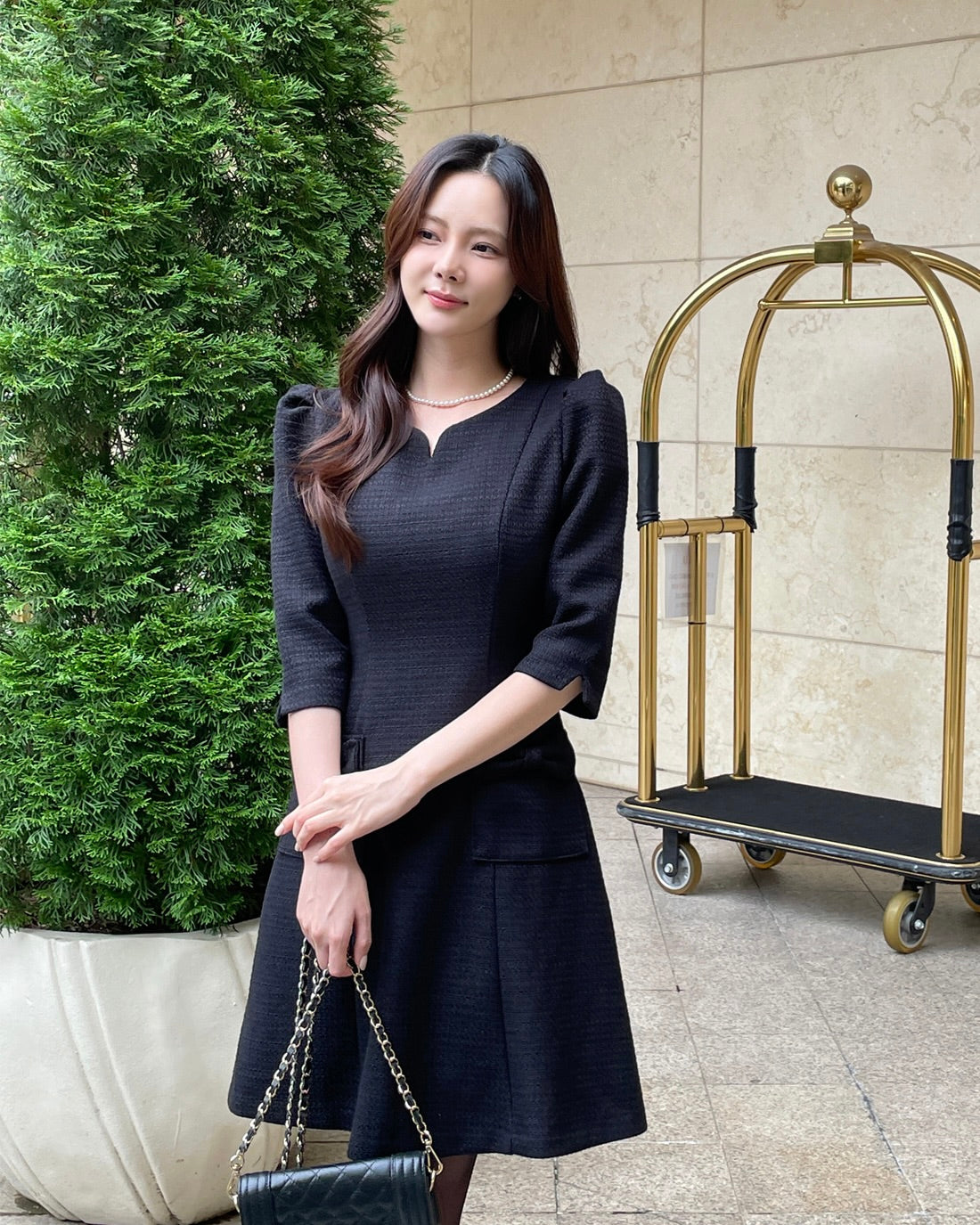 NK445 中袖蝴蝶結粗花連身裙