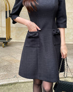 NK445 中袖蝴蝶結粗花連身裙