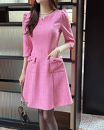 NK445 中袖蝴蝶結粗花連身裙